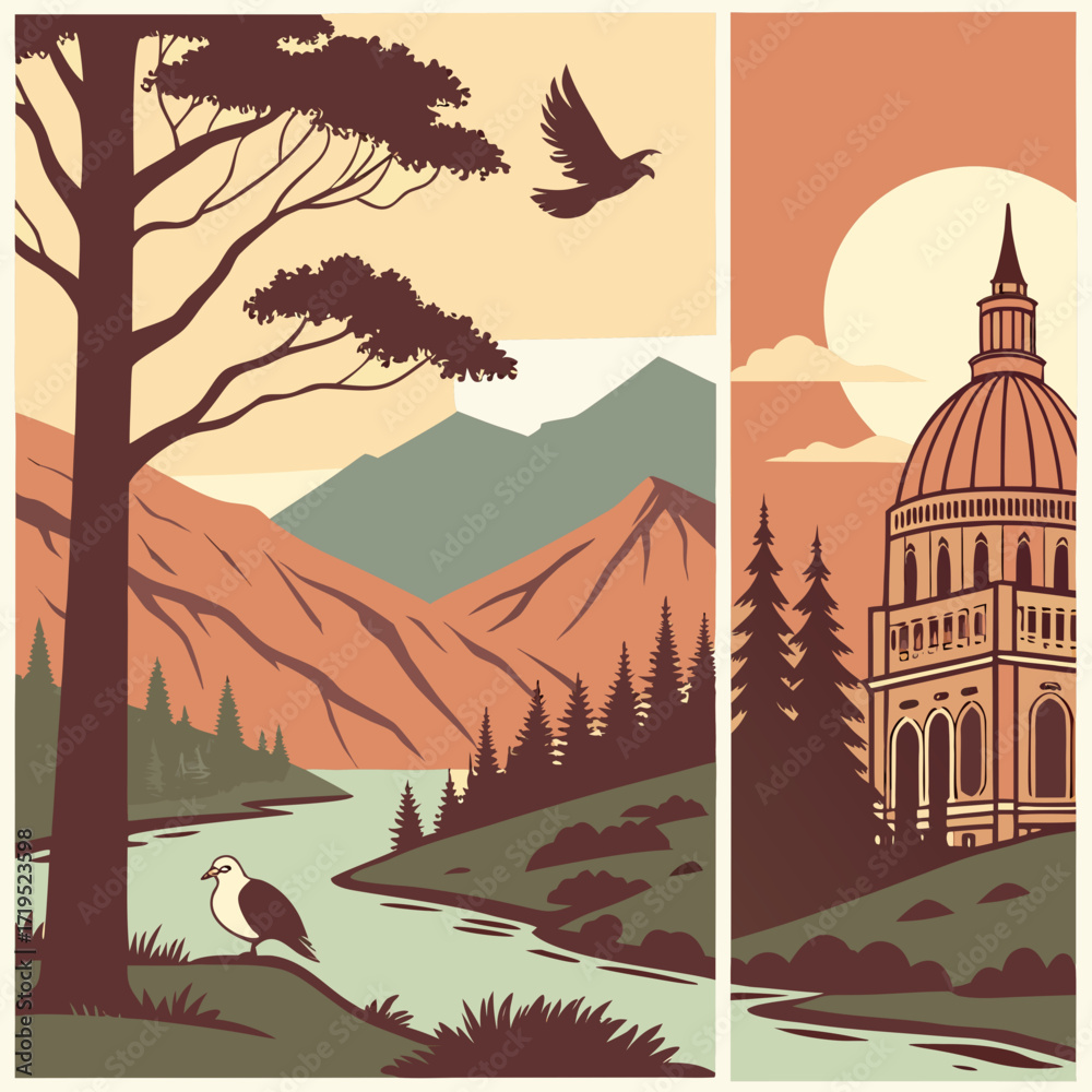 Fototapeta premium Retro travel poster vector illustration with nature and building