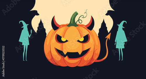 Spooky halloween pumpkin with horns and tail and two witches silhouette.