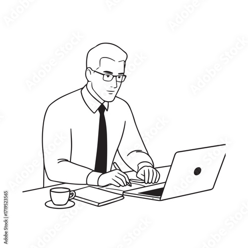 Black and white line art of a hardworking man at office desk with laptop and documents minimalist illustration