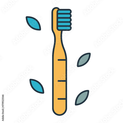 Eco friendly toothbrush with blue bristles and leaf elements for dental hygiene.