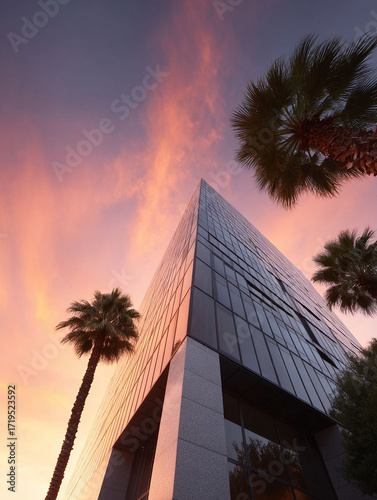 Modern architecture meets tropical vibe at sunset. Geometric glass building framed by palm trees under a colorful sky. Evokes ambition, progress, and travel.