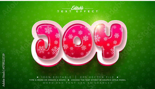 Joy Christmas Editable Text Effect Design Vector Graphic Style with Red 3D Snowflake Pattern Candy Typography Lettering on Green Background. Winter Xmas Holiday Scalable Illustration Template for Gree