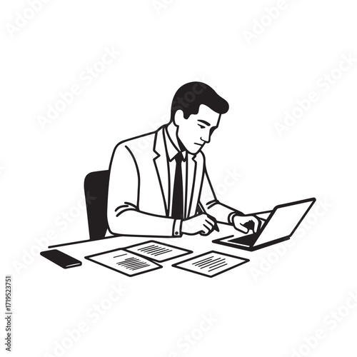 Black and white line art of a hardworking man at office desk with laptop and documents minimalist illustration