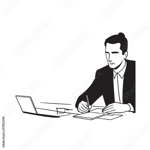 Black and white line art of a hardworking man at office desk with laptop and documents minimalist illustration