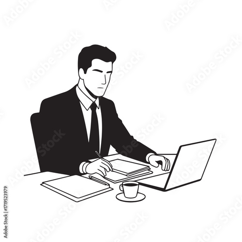 Black and white line art of a hardworking man at office desk with laptop and documents minimalist illustration