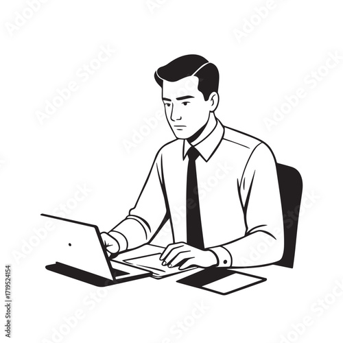 Black and white line art of a hardworking man at office desk with laptop and documents minimalist illustration