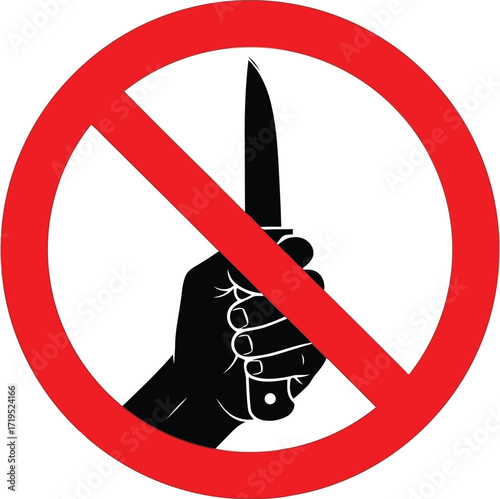 Stop knife violence symbol hand holding blade danger warning red prohibition sign vector