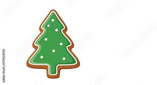 A festive gingerbread cookie shaped like a decorated Christmas tree with green icing and white dots.