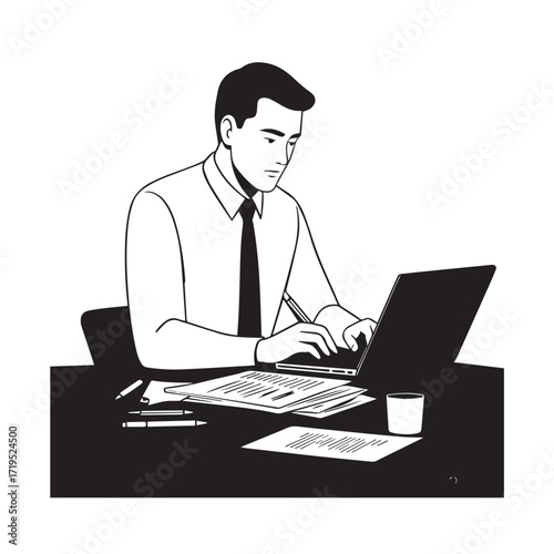 Black and white line art of a hardworking man at office desk with laptop and documents minimalist illustration