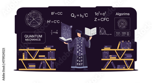 Wizard of Quantum Mechanics Illustration Conveying Knowledge and Magical Learning Experience