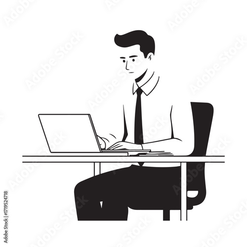Black and white line art of a hardworking man at office desk with laptop and documents minimalist illustration