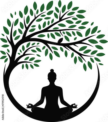 Meditation silhouette under tree, nature harmony concept, peaceful yoga pose, spiritual wellness art, mindfulness design, perfect for decor, poster, or branding