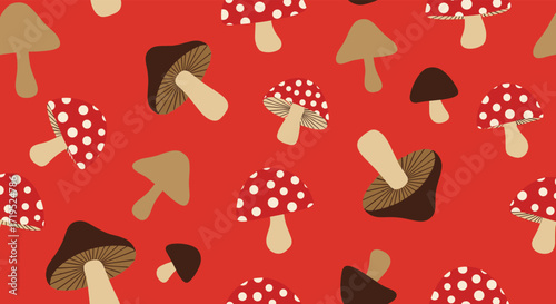 A whimsical pattern of various mushrooms on a vibrant red background.