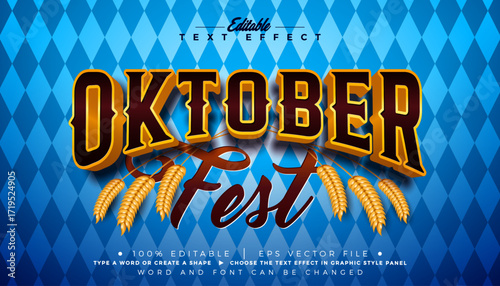 Oktoberfest 3D Editable Text Effect Design with Typography on Bavaria Flag Pattern Background. October Autumn Traditional Germany Festival Scalable Vector Graphic Style Illustration Greeting Template