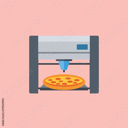 A cartoon image shows a 3D printer making a pizza, the pizza sits on a platform underneath the printer's nozzle, against a light pink background.