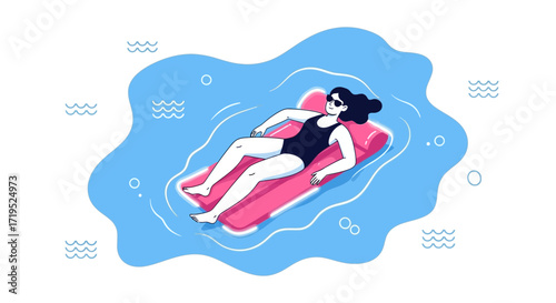 Woman relaxing on an inflatable mattress in the water enjoying summer vacation sunbathing