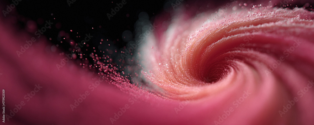 Fototapeta premium Abstract swirl of pink layers and scattered particles against a dark backdrop. Evokes motion, depth, flow. Ideal for technology, beauty, or conceptual projects.