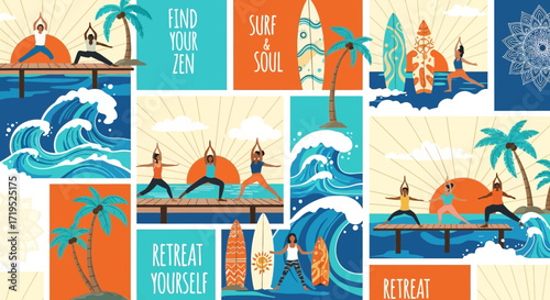 Yoga retreat by the sea with surfing themed collage design for wellness and relaxation