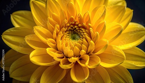 Vibrant Yellow Dahlia Flower Close Up Detail with Radial Petal Symmetry on Dark Background