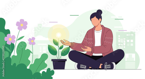 Young woman sitting in meditation pose with plant, fostering connection with nature and inner