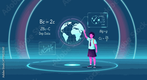 Young student interacting with advanced technology for learning global education and mathematics