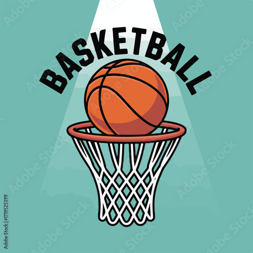 Vector art of basketball hoop with a basketball on top, text reads basketball, spotlight effect from above, teal background