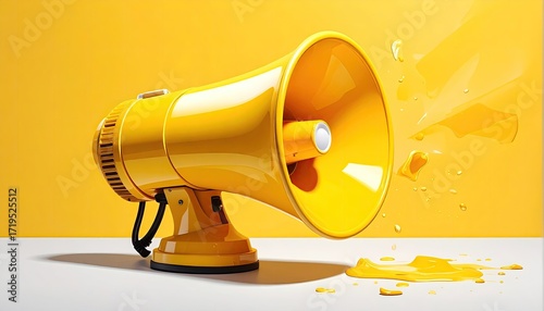 Vibrant Yellow Megaphone Against Bright Backdrop with Energetic Shattered Effect for Announcements and Communication Purposes