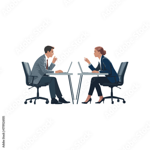 Two business professionals in suits collaborate at a modern table with laptops and chairs on a clean .