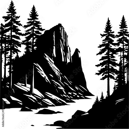 Vector graphic of mountain landscape with trees in black and white style silhouette