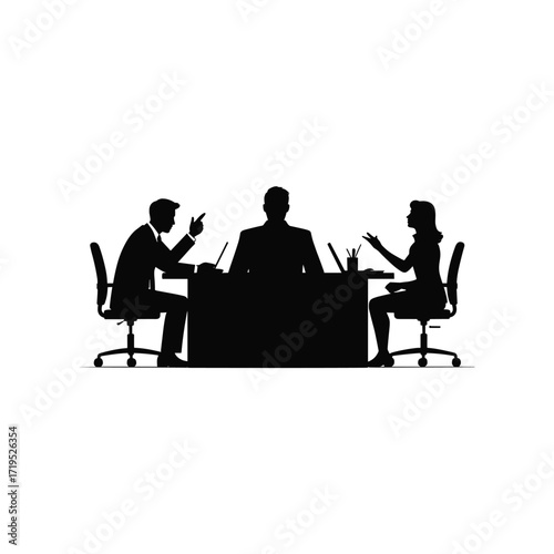 Three silhouetted people business meeting at office desk discussing project with laptops and papers