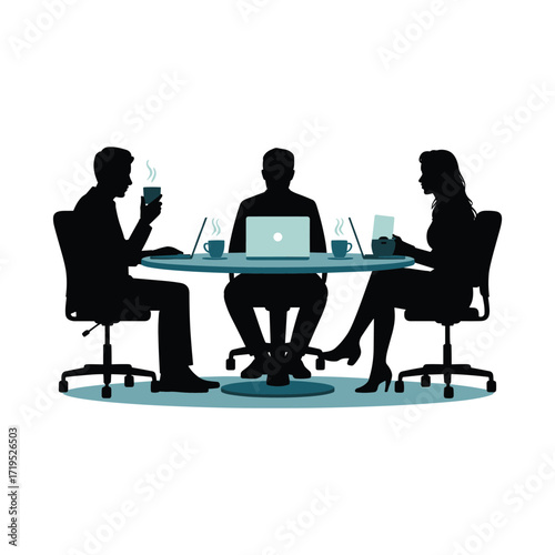 Silhouettes of three business professionals in a meeting around a table with laptops and coffee.
