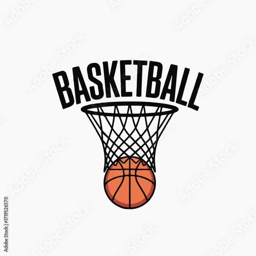 Vector art of basketball going through the net with the word basketball above it