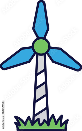 Stylized blue wind turbine generating clean renewable energy on grassy ground vector