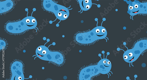 A charming group of happy blue cartoon germs with funny faces and antennae are cheerfully dancing across a dark grey background filled with tiny blue dots and more germs.