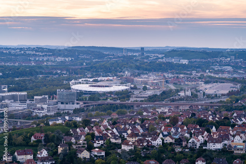 Stuttgart cityscape with Mercedes-Benz Arena at sunset