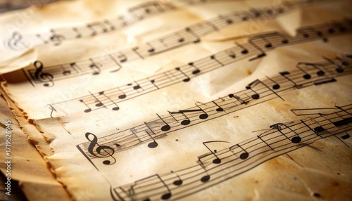 Vintage Sheet Music Displayed with Aged Paper Texture and Musical Notes against a Dark Wood Surface Creating Nostalgic Harmony