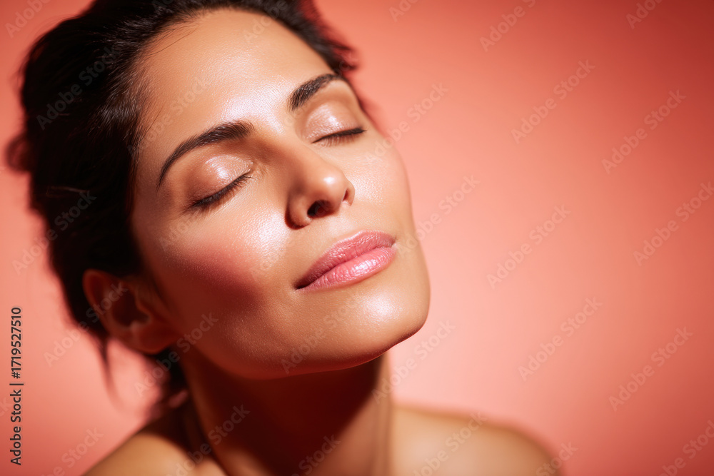 Naklejka premium woman with closed eyes embodies tranquility and harmony against soft peach backdrop