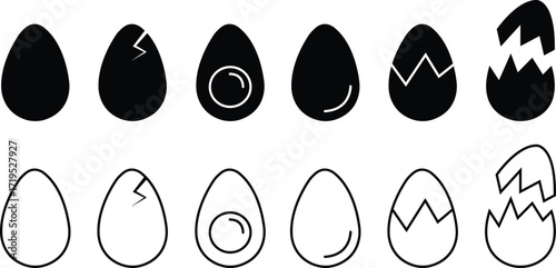 Egg icon set in black flat and outline vectors of whole cracked broken eggs, food symbols design elements for easter decoration and chicken hatch graphic template isolated on transparent background.