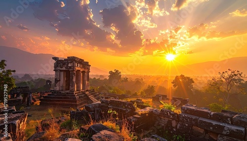 Vivid Golden Hour Over Ancient Ruins and Lush Green Tropical Coastline with Cinematic Hdr Aerial Photography and Ultra Sharp Textures Under a Glowing Daylight