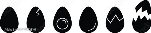 Egg icon set in black flat vectors illustration of whole cracked broken eggs, food symbols design elements for easter decoration and chicken hatch graphic template isolated on transparent background.