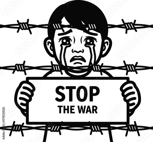 Crying child behind barbed wire holds stop the war sign against conflict and violence concept vector