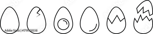 Egg icon set in black outline vectors illustration of whole cracked broken eggs, food symbols design elements for easter decoration and chicken hatch graphic template isolated on transparent backgroun