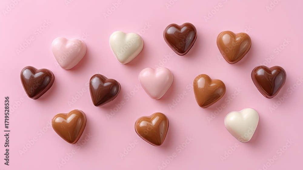 Fototapeta premium Assorted Chocolate Hearts on Pink Background Perfect for Romantic Occasions and Celebrations