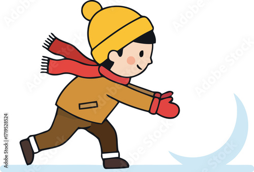 Joyful child playing snowball fight outdoors winter season active fun cartoon illustration vector
