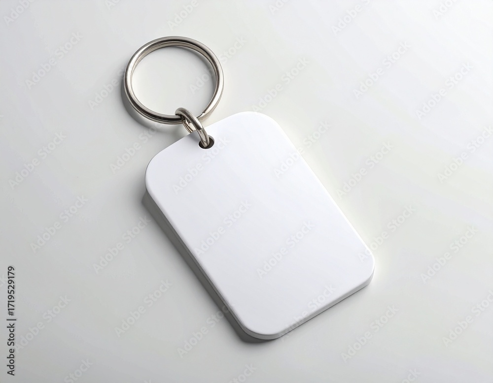 Fototapeta premium Blank White Keychain Tag with Metallic Ring on Light Surface