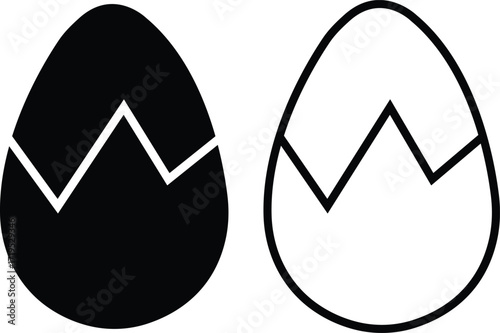 Egg icon set in black flat and outline vectors of whole cracked broken eggs, food symbols design elements for easter decoration and chicken hatch graphic template isolated on transparent background.