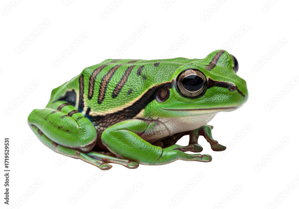 Obraz premium Vibrant emerald green tree frog with obsidian stripes and prominent black eyes, calmly perched on transparent high-key studio background, scientific nature study