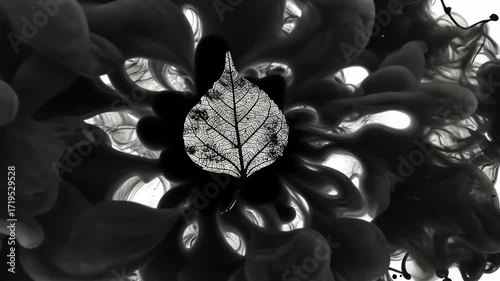Black Ink Swirling Around a Leaf on White Background