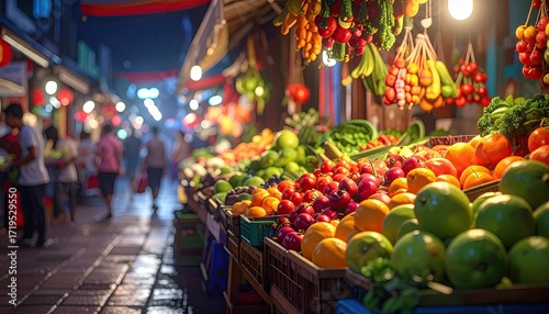 Vibrant Street Market Display of Colorful Produce under Warm Lights during Evening in Asia Food Stall Featuring Variety of Fresh Fruits and Vegetables