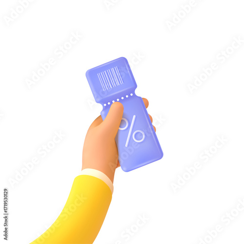 3d hand coupon. Arm hold paper ticket with percent sale discount, bonus voucher code certificate receipt prize benefit shopping promo advertising concept render vector illustration